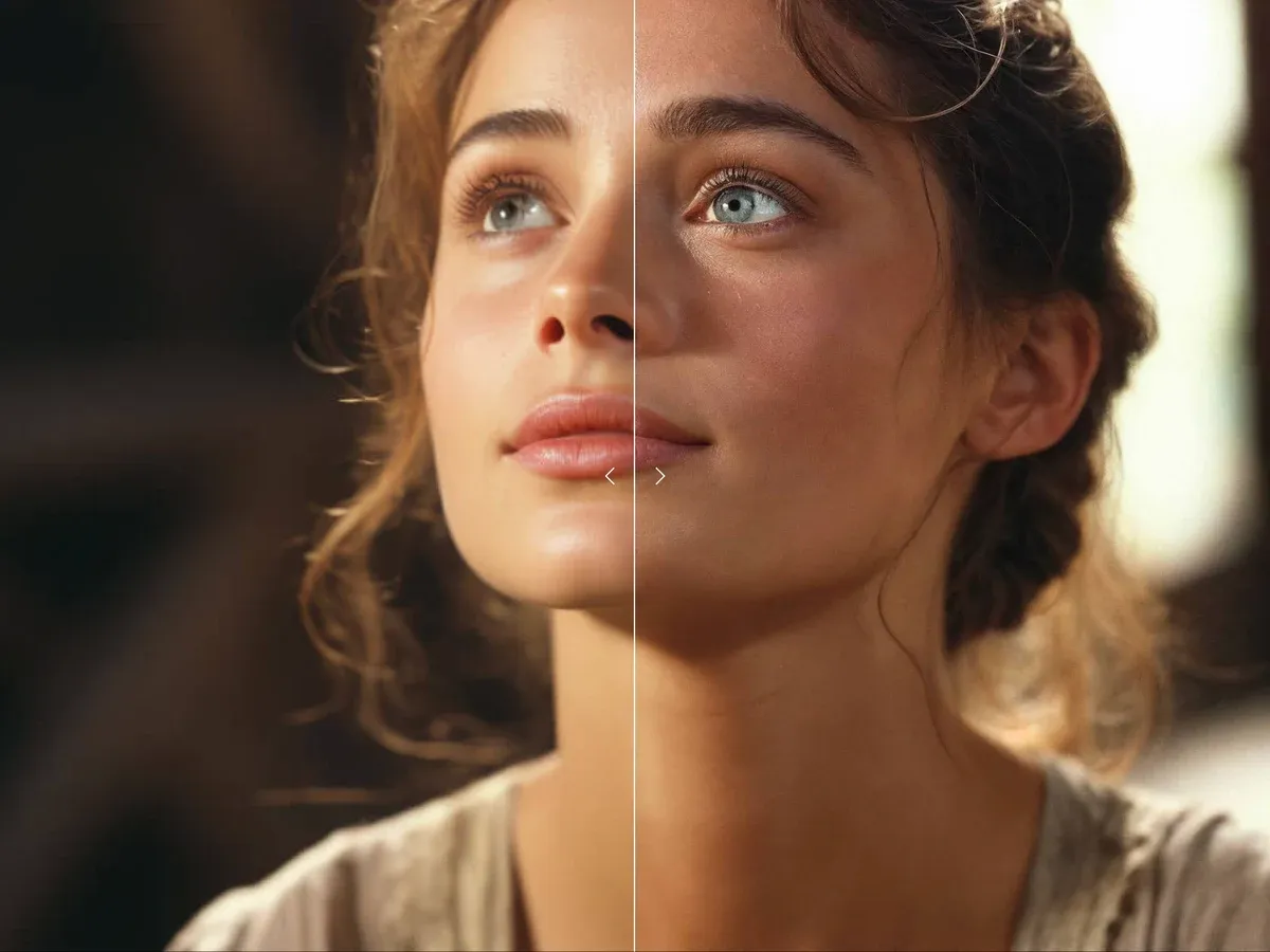 Image Upscaler 4K cinematic portrait enhancement — before and after film photography upscale